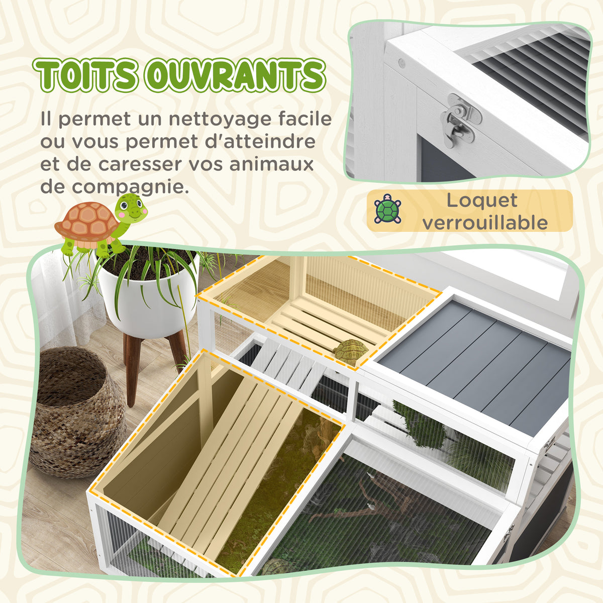 Maison enclos cage pour petit animal tortue avec 2 espaces toit en polycarbonate 3 portes rampe 115 x 115 x 82 cm gris-4