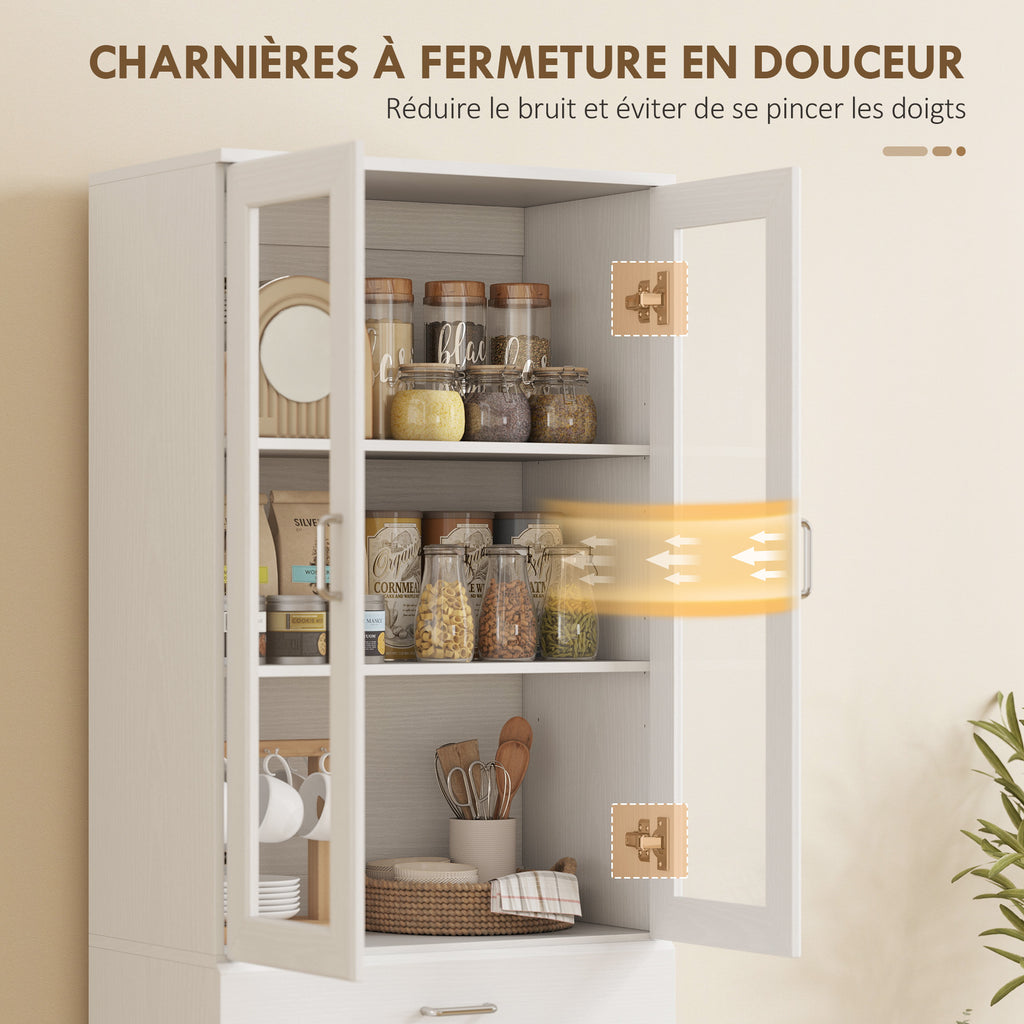 Buffet haut cuisine, armoire de cuisine, 4 portes dont 2 en verre, tiroirs, étagères réglables, 60x35x180cm, blanc-6