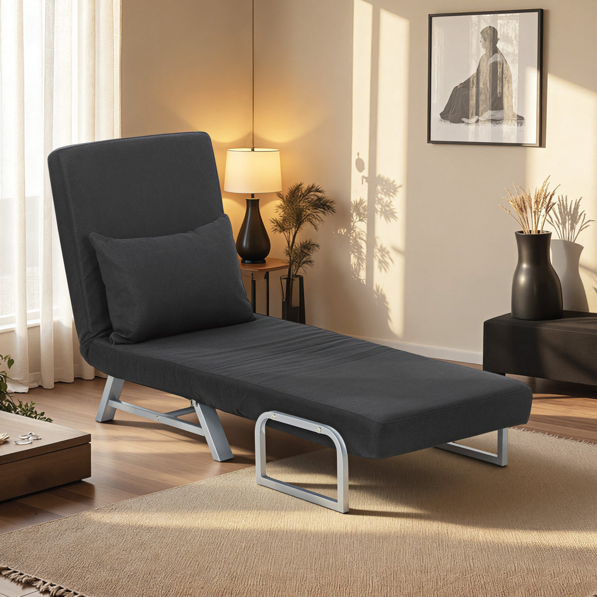 Fauteuil chauffeuse canapé-lit Convertible inclinable 1 Place Coussin lombaires accoudoirs piètement métal Lin Noir-1