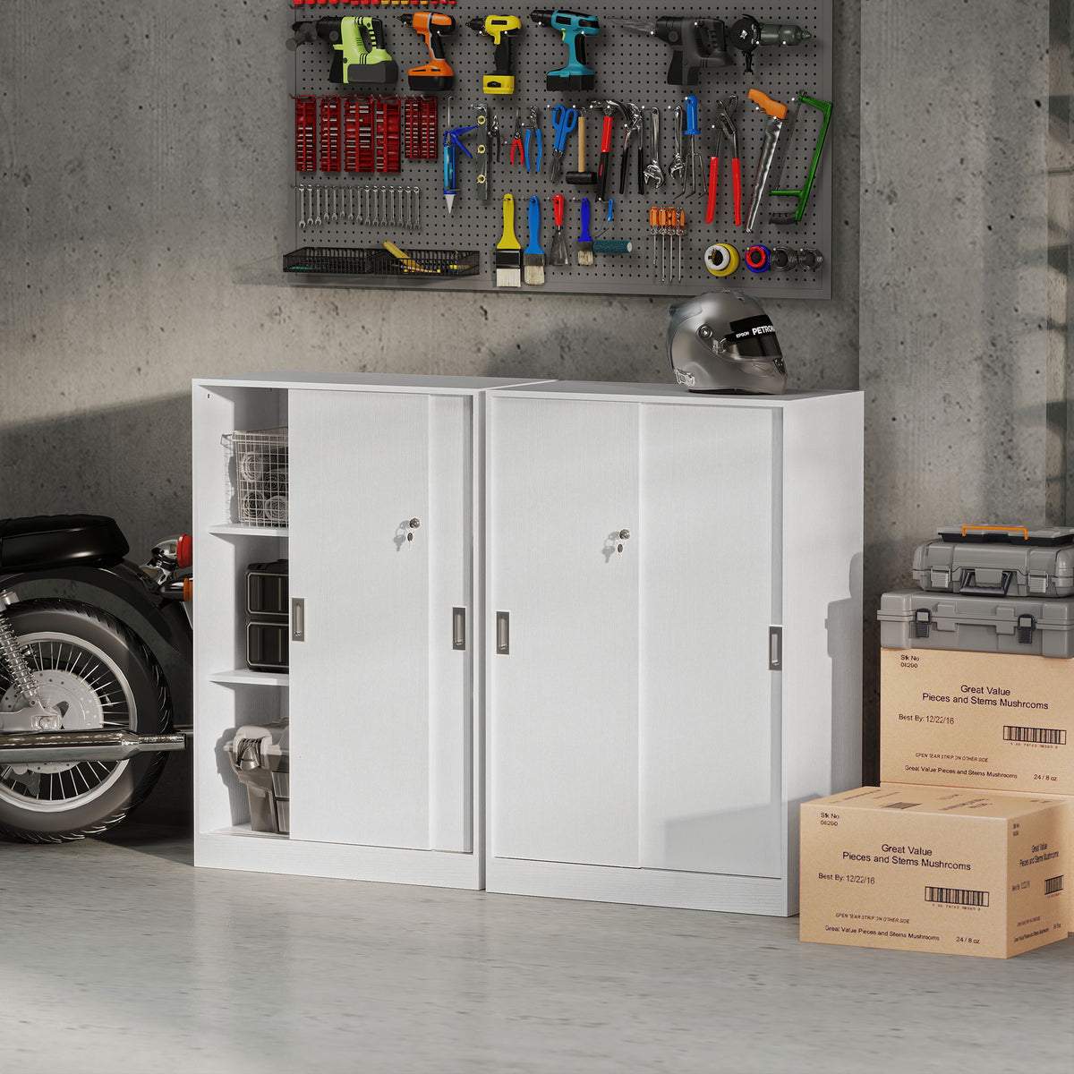 Armoire de Bureau 2 Portes coulissantes verrouillables dim. 80L x 40l x 120H cm 2 étagères en Bois Blanc-7