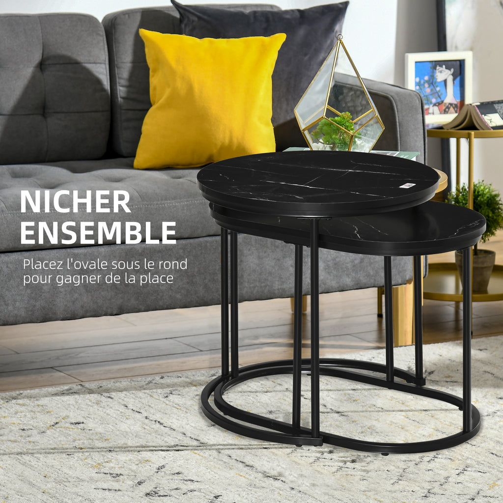 Lot de 2 tables basses tables d'appoint gigognes en acier et plateau MDF aspect marbre - table ronde et ovale - noir-3