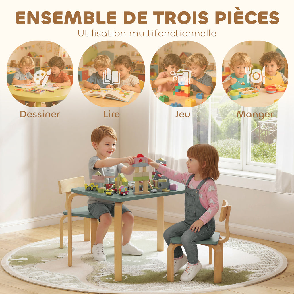 Table enfant avec chaises, lot table et 2 chaises enfant en bois pour dessiner, jouer, étudier, 78x53x53cm, vert-3