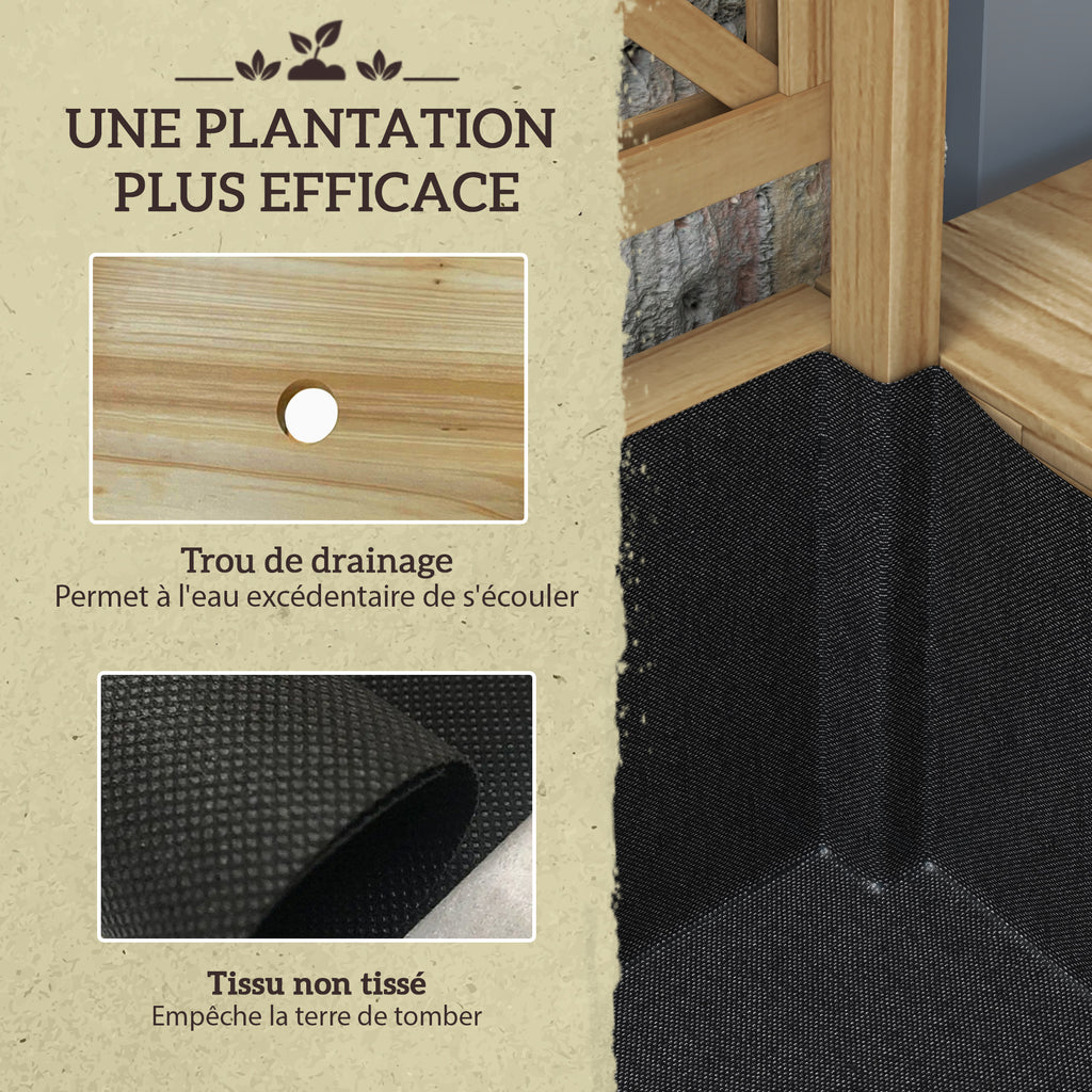 Jardinière rectangulaire sur pieds avec treillis 2 tablettes latérales rabattables 1 étagère inférieure bois-5
