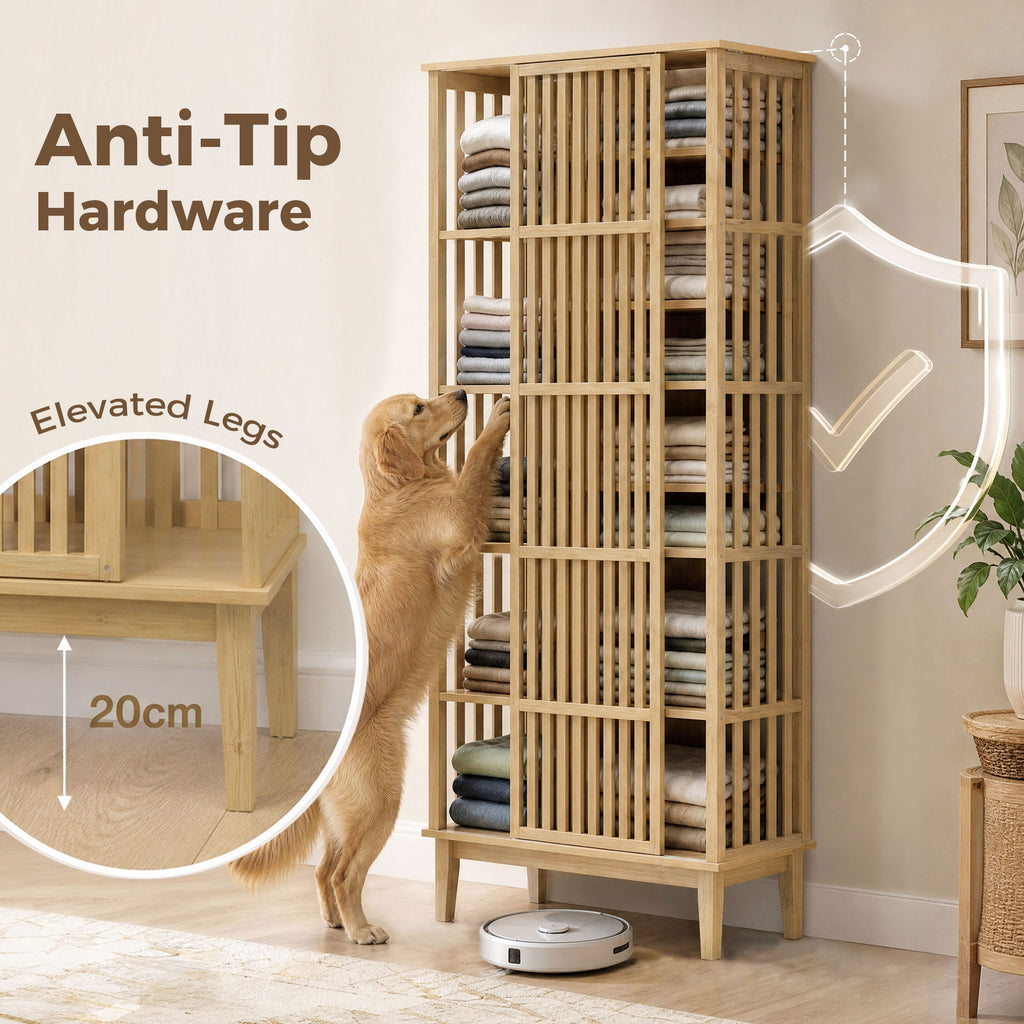 Armoire Chambre Penderie en Bambou 5 Niveaux avec Porte Coulissante, Design Aéré à Lattes, Bois Naturel-7