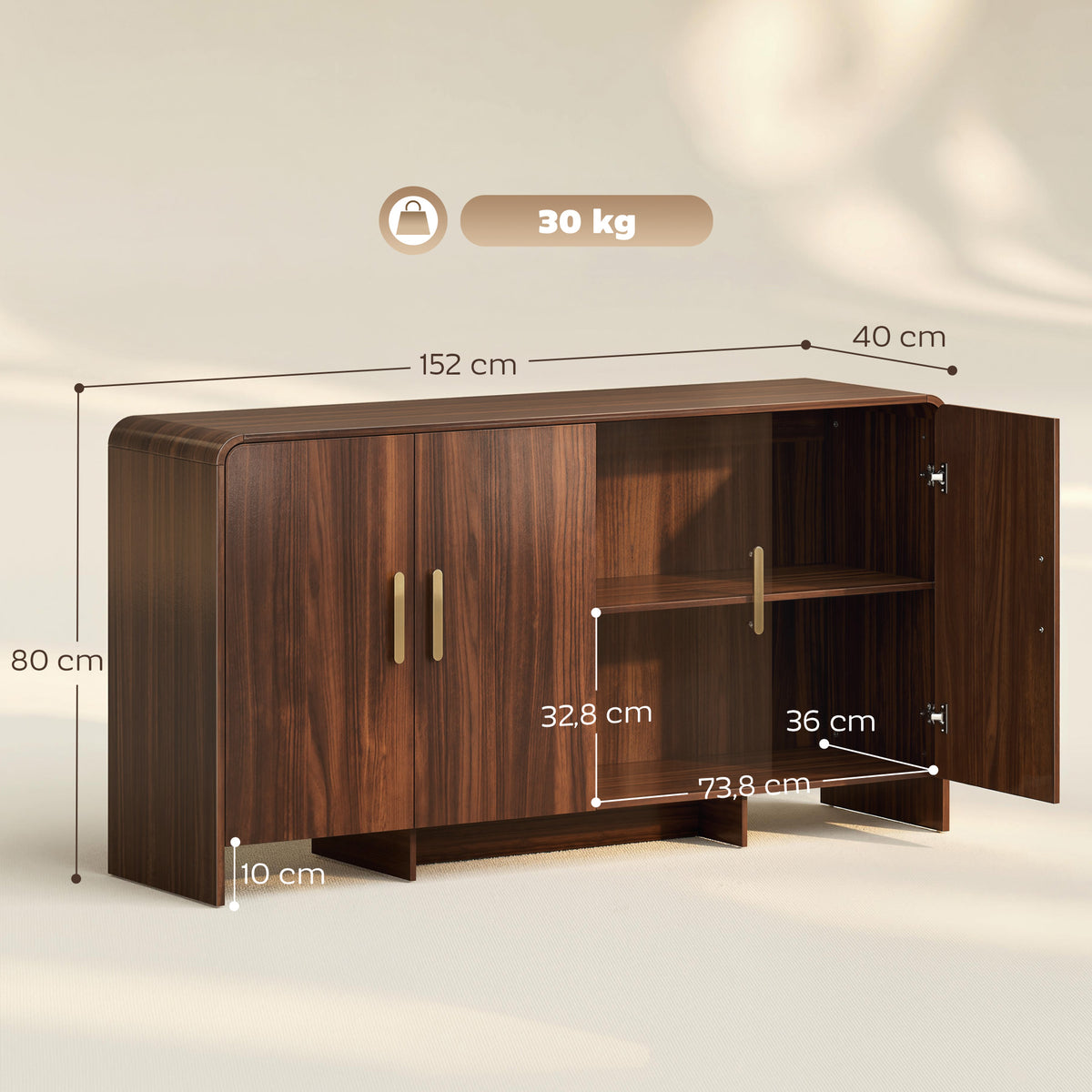 Buffet cuisine, meuble de rangement avec 4 portes à fermeture douce, 4 compartiments et bords arrondis, 152x40x80cm, noyer-2
