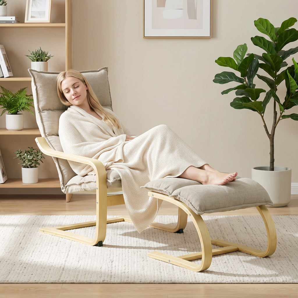 Fauteuil de Salon avec Repose-Pied, Fauteuil d'Appoint en Lin, Assise Large, Dossier Haut, Bascule Douce, Beige-8