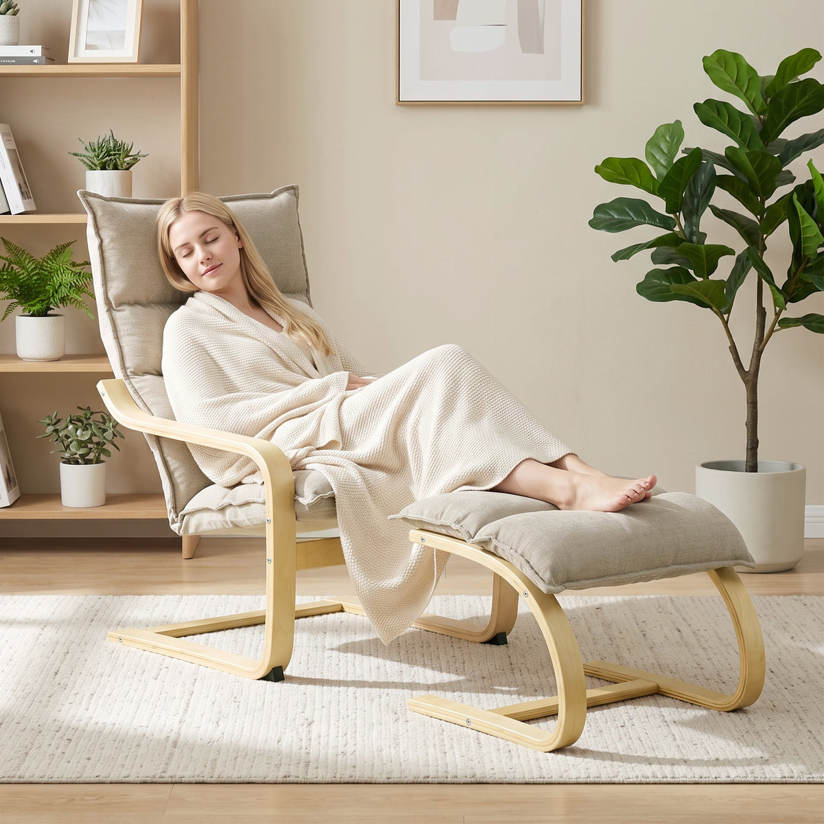 Fauteuil de Salon avec Repose-Pied, Fauteuil d'Appoint en Lin, Assise Large, Dossier Haut, Bascule Douce, Beige-8