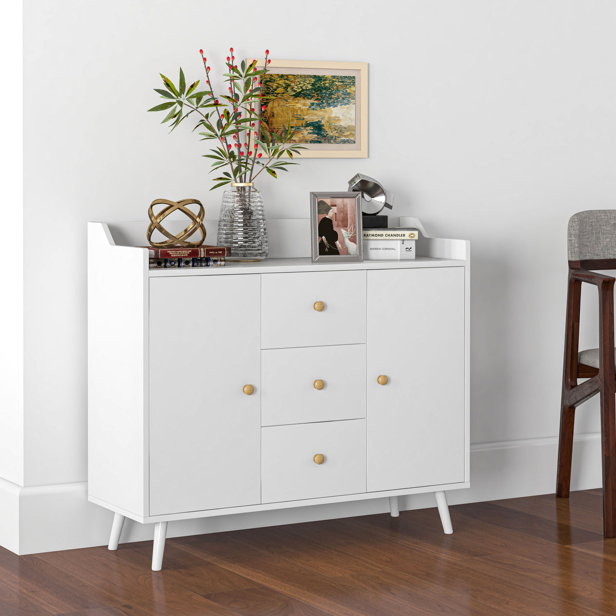 Buffet, meuble de rangement avec 2 portes, 3 tiroirs et pieds en bois massif, style moderne, 90 x 32 x 80 cm, blanc-1