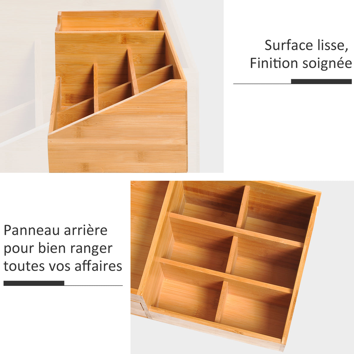 Boite de Rangement de Bureau - Organiseur de Bureau - 7 Compartiments, 2 tiroirs - Bambou Verni, Bambou-5