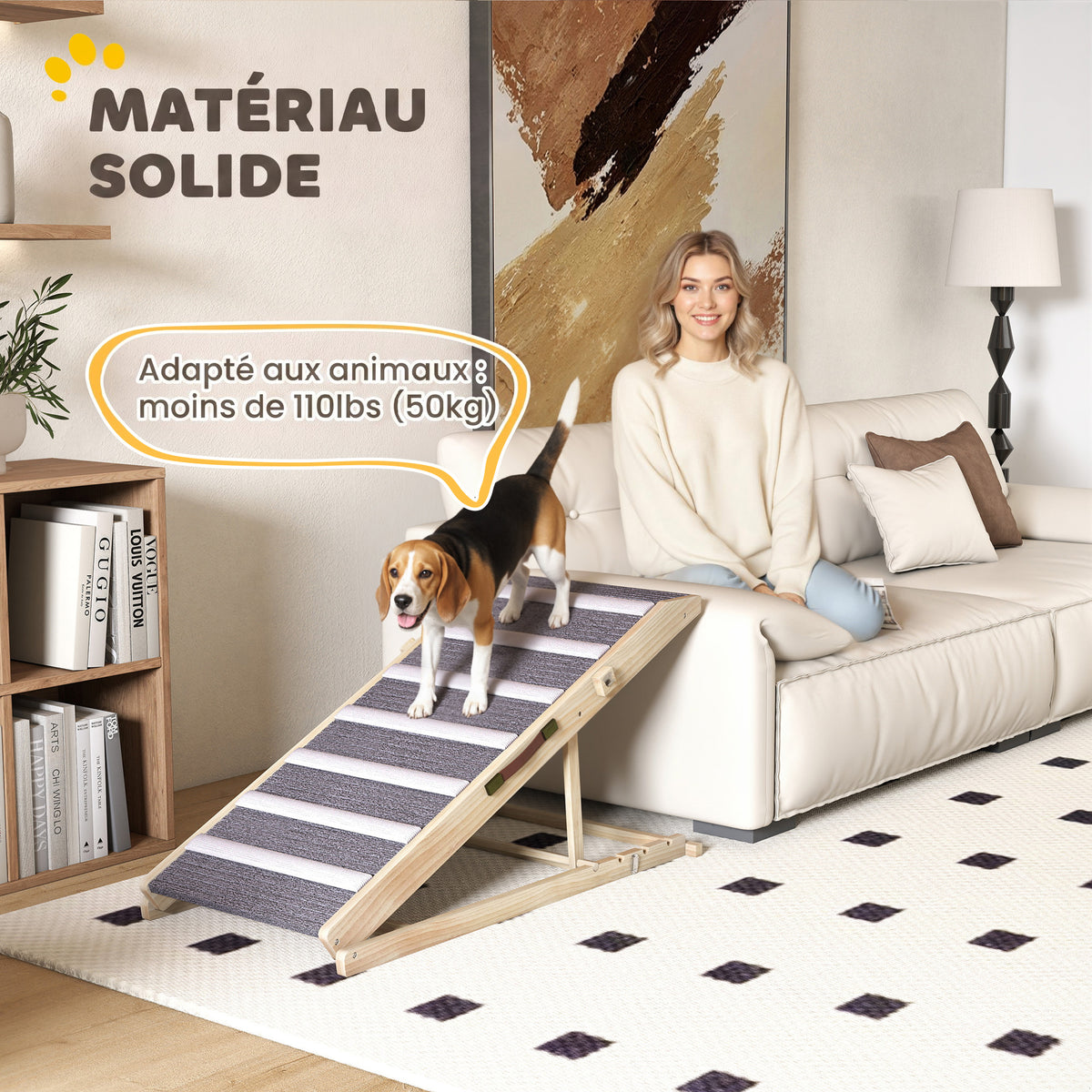 Rampe pour Chien en Bois avec Tapis Antidérapants, 4 Hauteurs Réglables de 35-50 cm, 100x50x50cm, Bois Naturel et Gris-6
