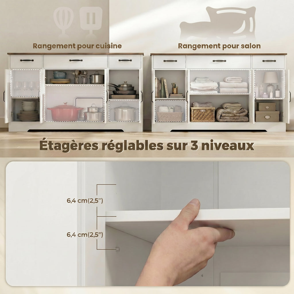 Buffet, meuble de rangement cuisine style ferme avec 4 portes de grange, 3 tiroirs, étagères ajustables, blanc-5