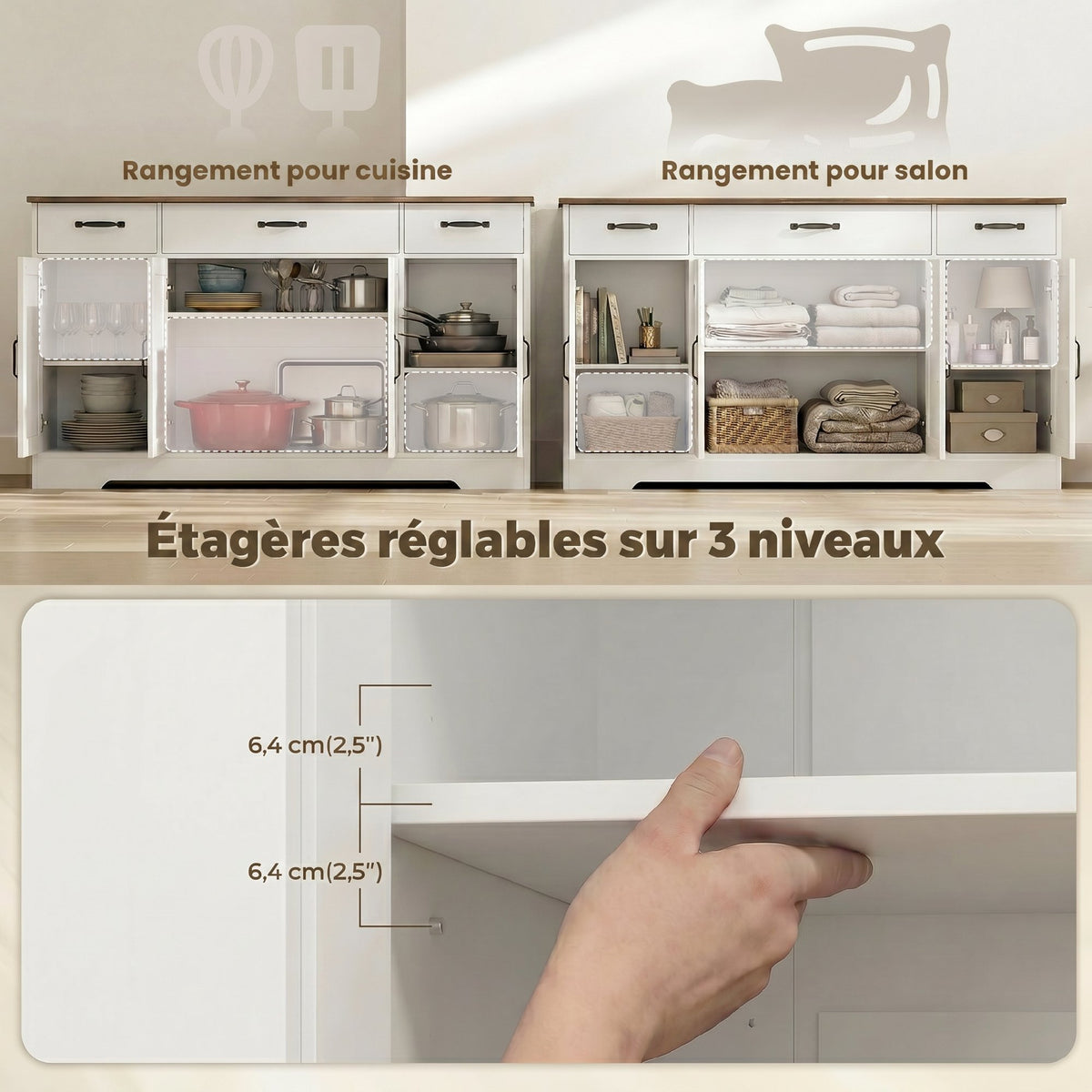 Buffet, meuble de rangement cuisine style ferme avec 4 portes de grange, 3 tiroirs, étagères ajustables, blanc-5