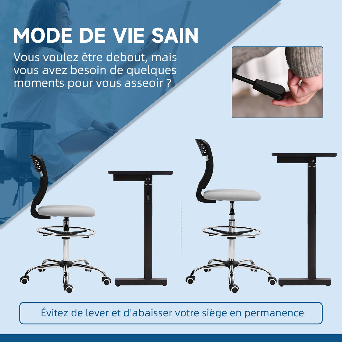 Chaise de bureau ergonomique en maille, chaise de dessin, hauteur et repose-pieds réglable, 59 x 59 x 106-126 cm, gris-3