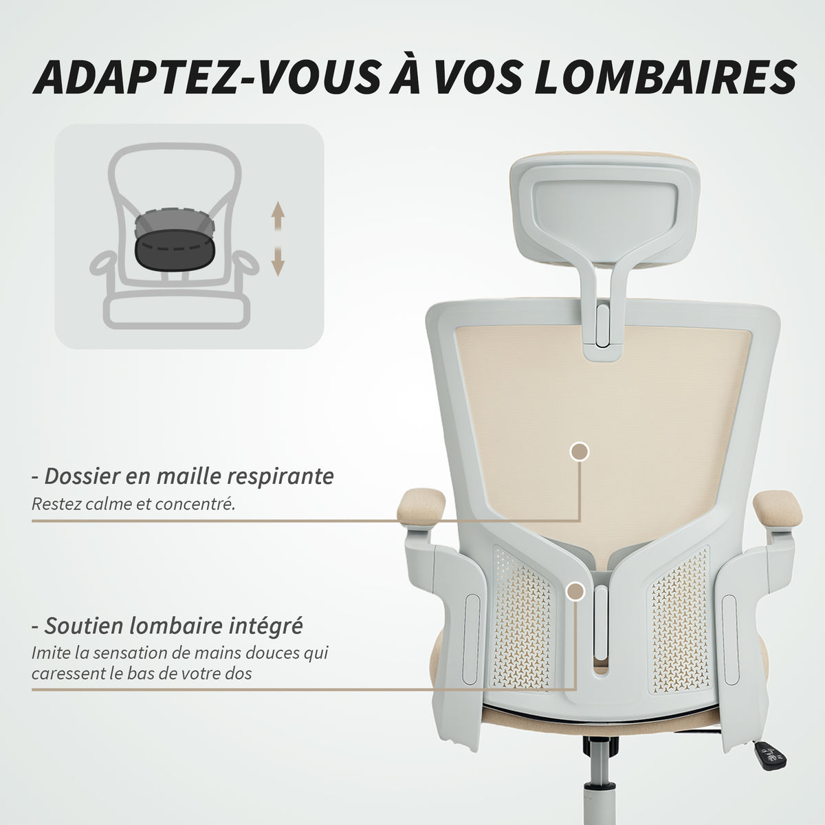 Chaise bureau ergonomique, fauteuil de bureau, accoudoirs relevables, soutien lombaire, appui-tête, 60x63x120cm, beige-4