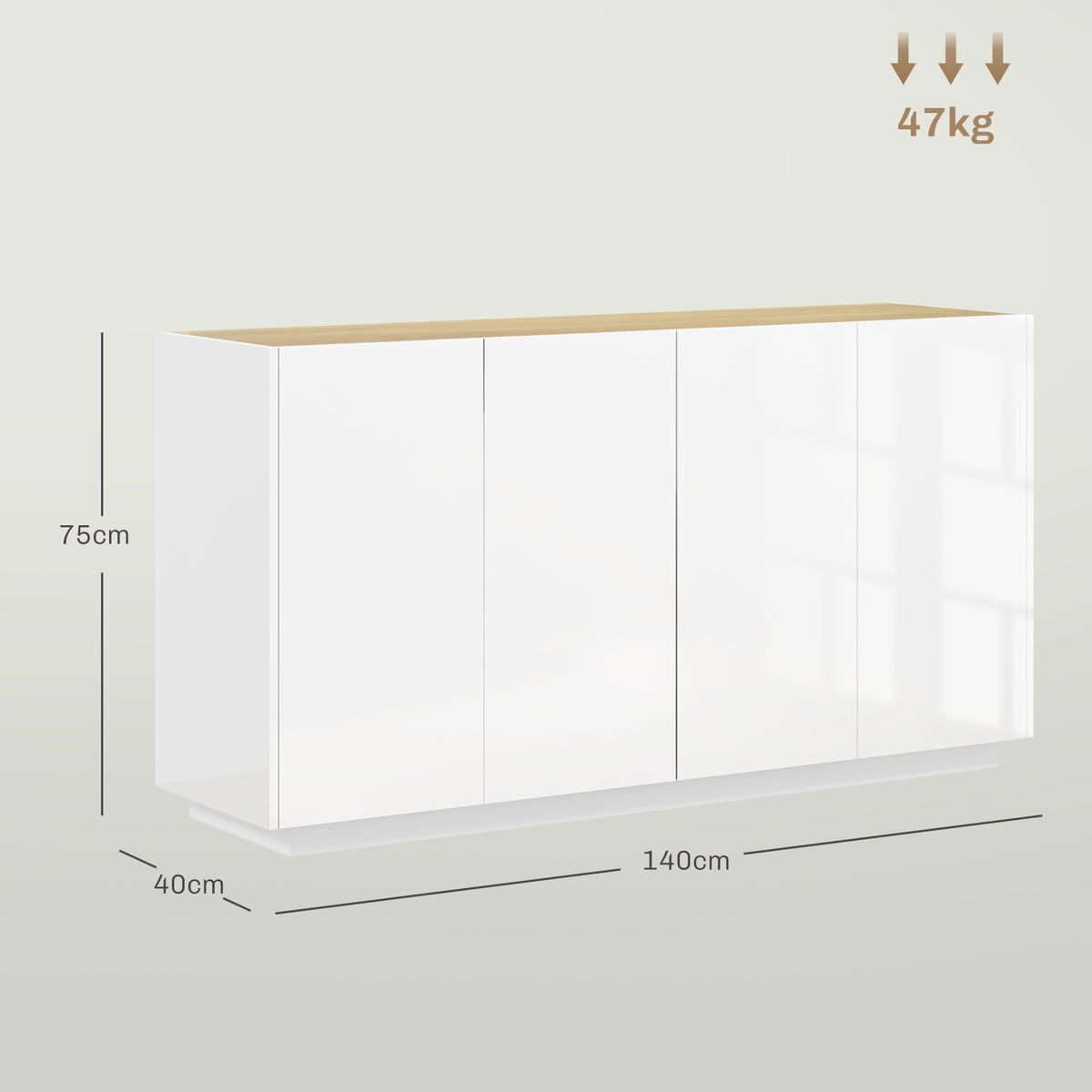 Buffet salle à manger buffet cuisine 4 portes à fermeture douce et étagères réglables 140l x 40P x 75H cm blanc laqué-2
