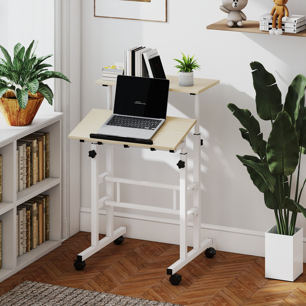 Bureau assis debout bureau réglable en hauteur 60 x 60 cm à roulettes avec plateau inclinable cadre en métal naturel-9