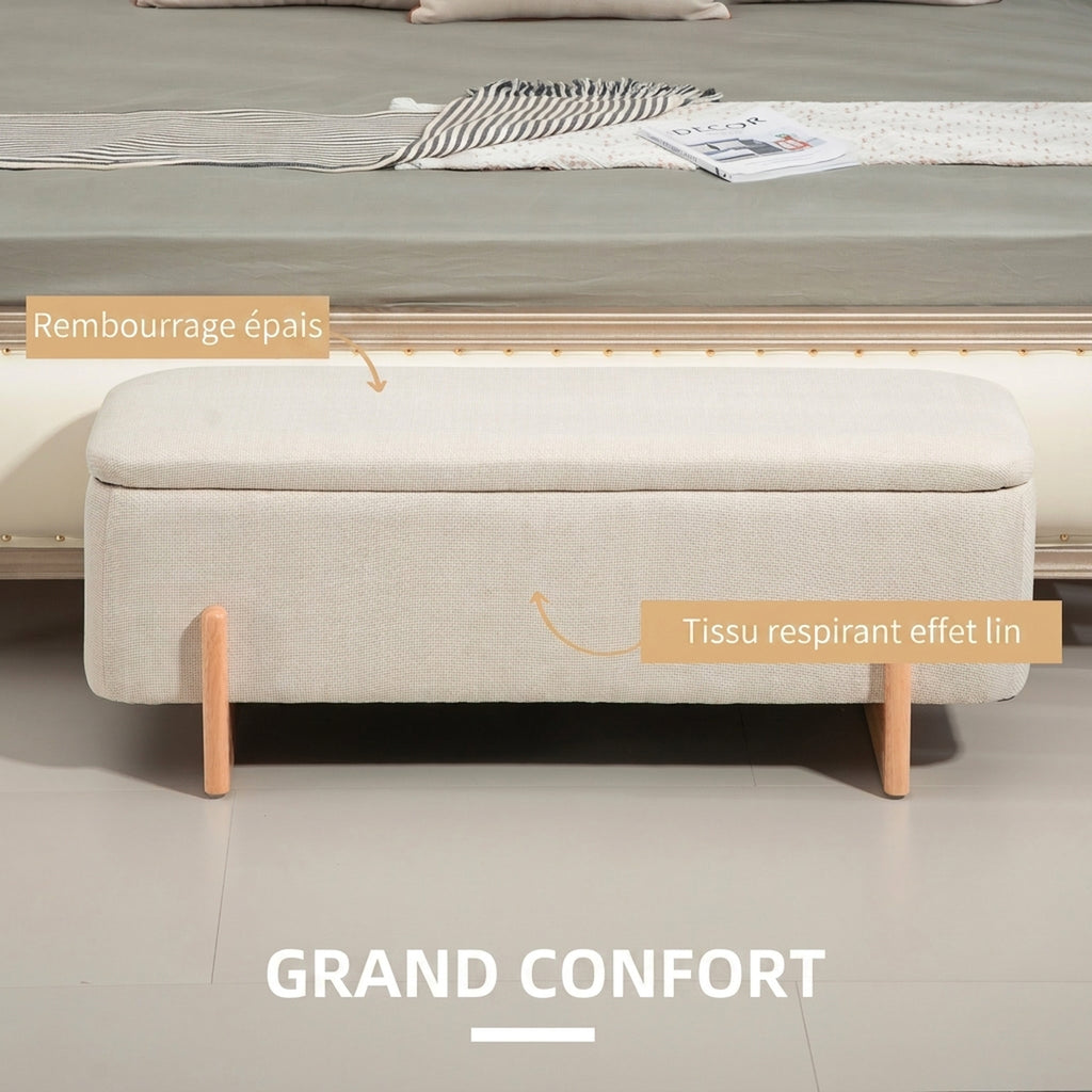 Banc de Rangement, Bout de Lit Rembourré, Charnières de Sécurité, Pieds Forme U en Bois d'Hévéa Stable, Crème-4