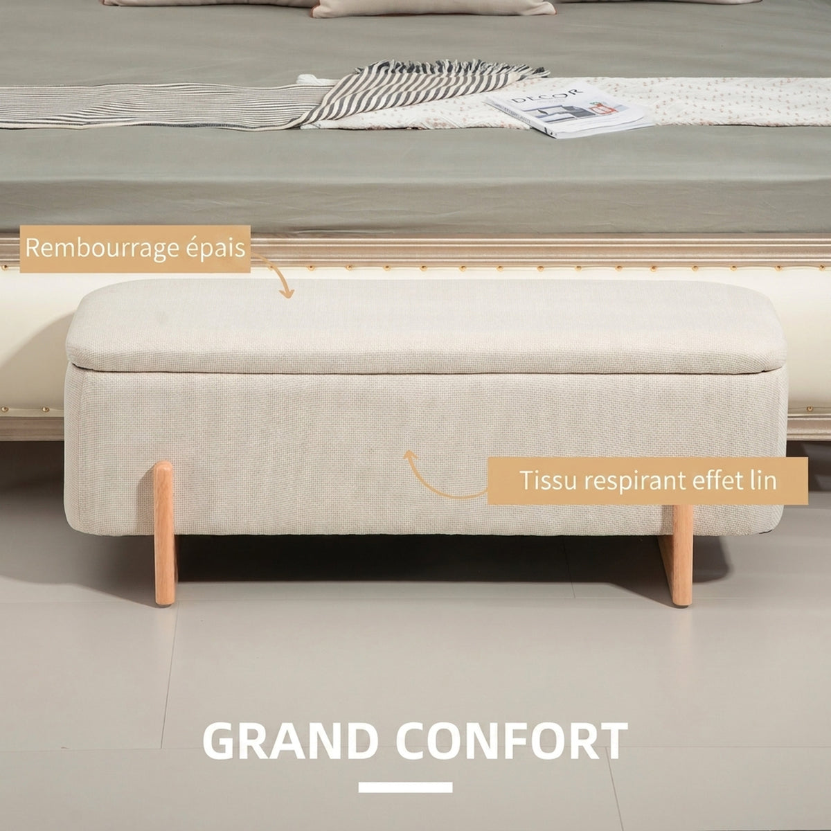 Banc de Rangement, Bout de Lit Rembourré, Charnières de Sécurité, Pieds Forme U en Bois d'Hévéa Stable, Crème-4
