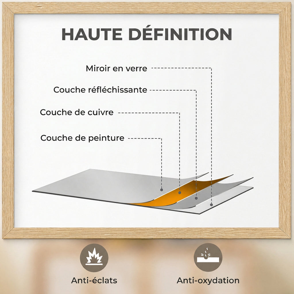 Miroir mural rectangulaire 60 x 40 cm, cadre en bois naturel, idéal pour la salle de bain, salon ou chambre-5