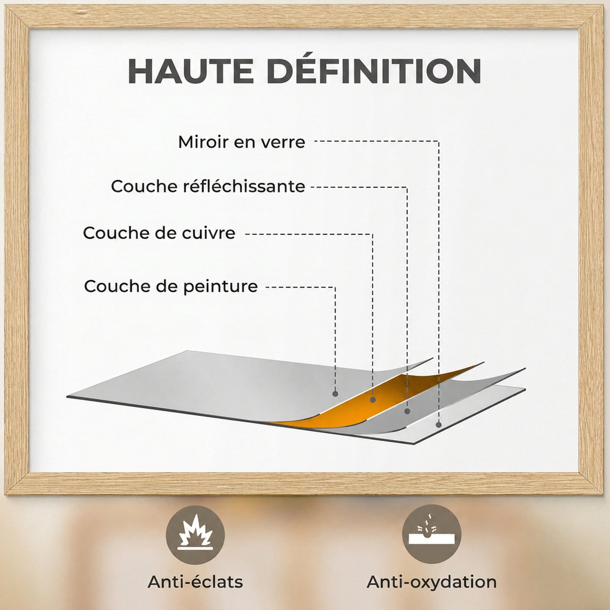 Miroir mural rectangulaire 60 x 40 cm, cadre en bois naturel, idéal pour la salle de bain, salon ou chambre-5