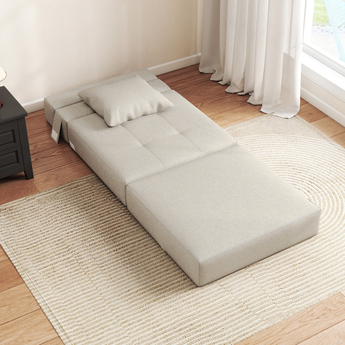 Chauffeuse canapé-lit convertible fauteuil 1 place avec 1 coussin déhoussable, tissu beige-9
