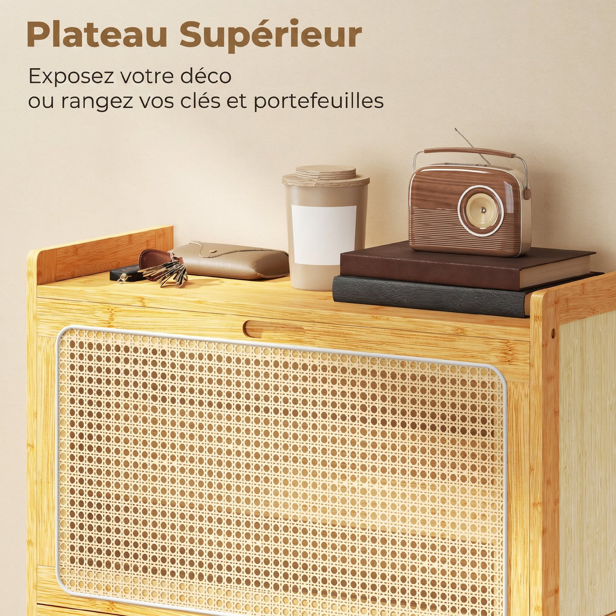 Meuble à chaussures 14 paires, armoire à chaussures 2 tiroirs rabattables, étagères réglables, 69x29x83cm, bois naturel-6