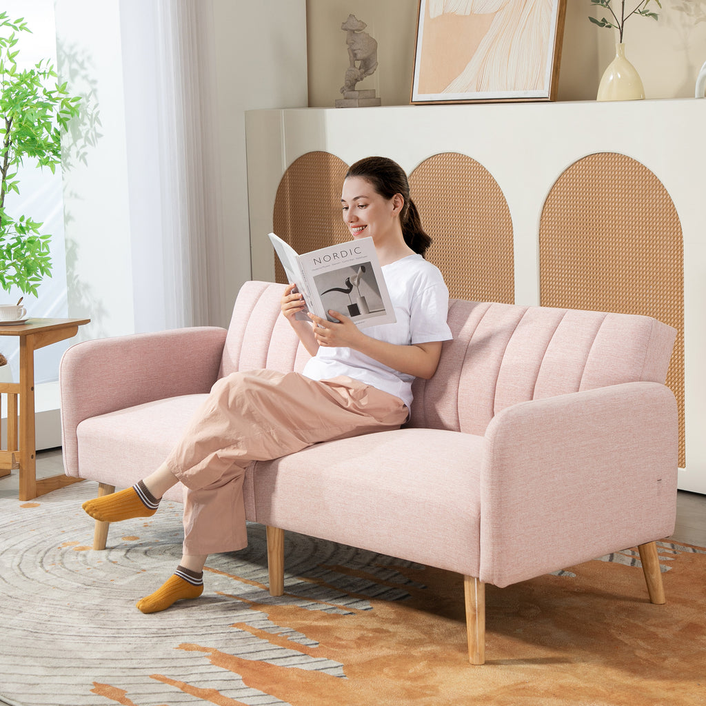 Canapé Convertible 2 Places Design scandinave Dossier inclinable 3 Positions Pieds Bois Tissu Aspect Lin Rose-9