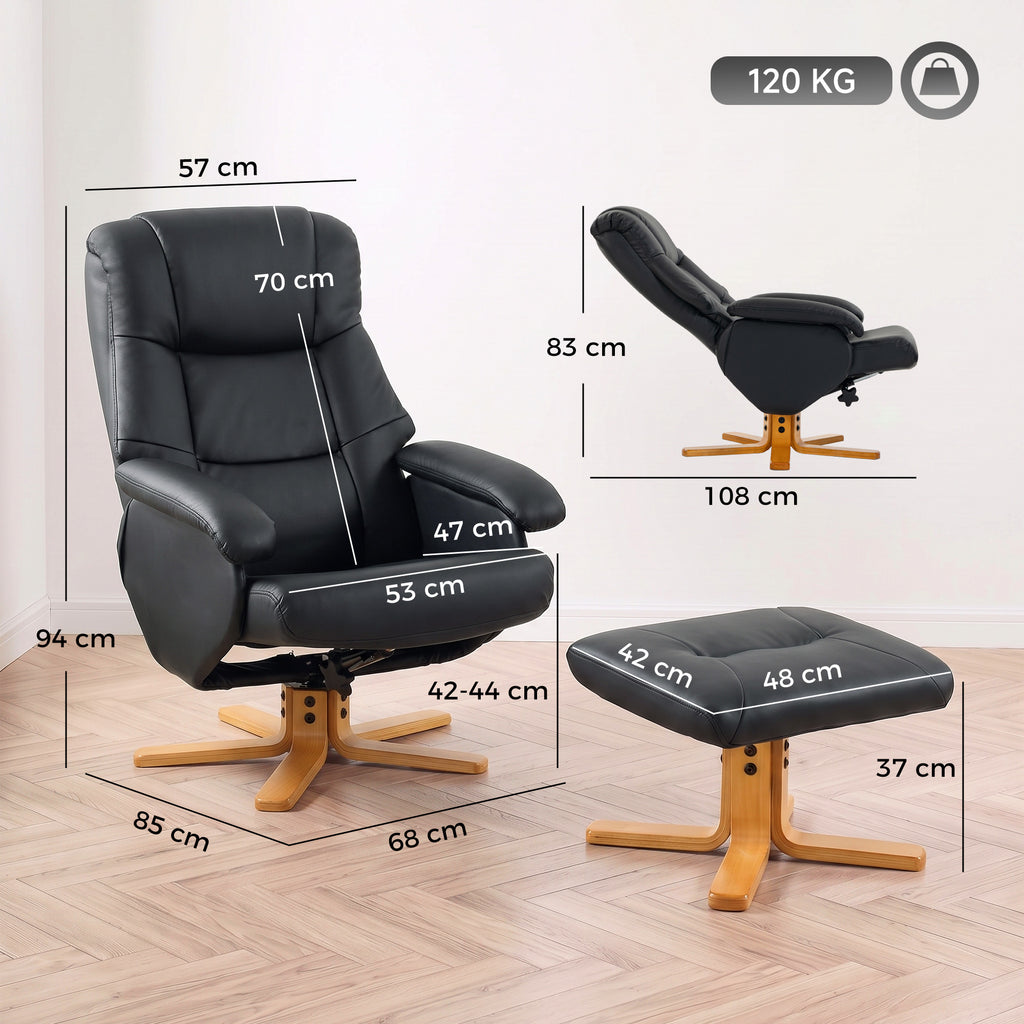 Fauteuil Relax avec Repose-Pied, Fauteuil de Relaxation Inclinable en PU, Pivotant 360°, Fonction Bascule, Noir-2