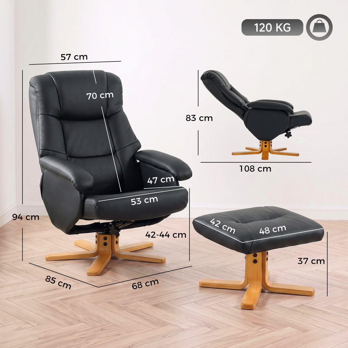 Fauteuil Relax avec Repose-Pied, Fauteuil de Relaxation Inclinable en PU, Pivotant 360°, Fonction Bascule, Noir-2