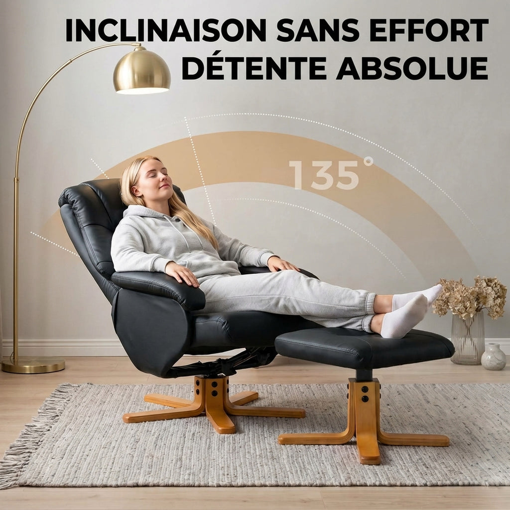 Fauteuil Relax avec Repose-Pied, Fauteuil de Relaxation Inclinable en PU, Pivotant 360°, Fonction Bascule, Noir-3