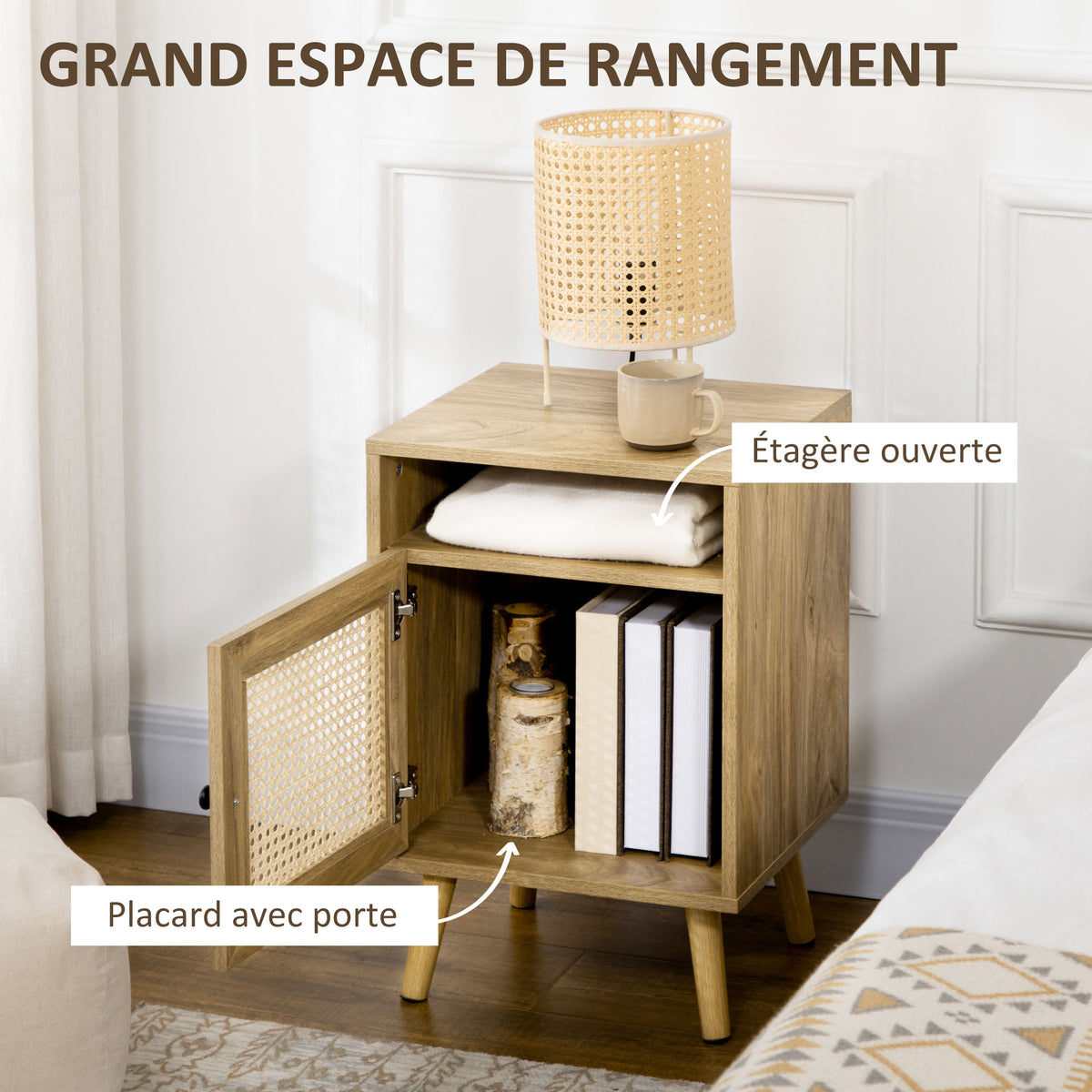 Table de chevet table de nuit avec placard porte cannage et niche design vintage 39 x 35 x 60 cm naturel-4