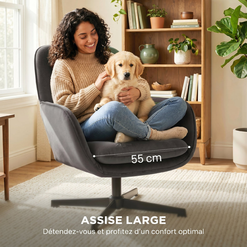 Fauteuil salon, fauteuil d'appoint rembourré en velours avec large assise, coussin et structure en métal, gris foncé-3