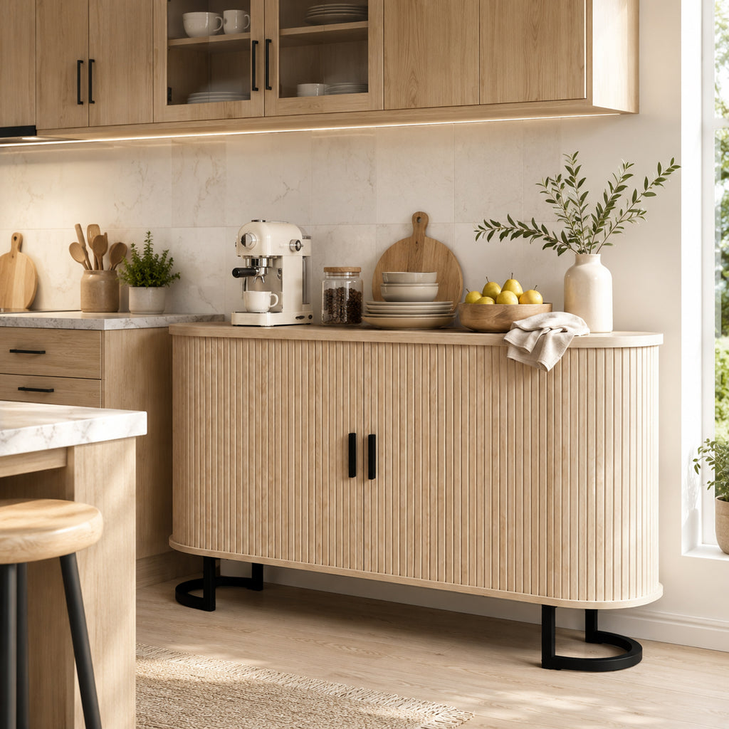 Buffet salon, meuble de rangement ovale avec 2 portes coulissantes et étagères réglables, 140x40x75cm, bois naturel-7
