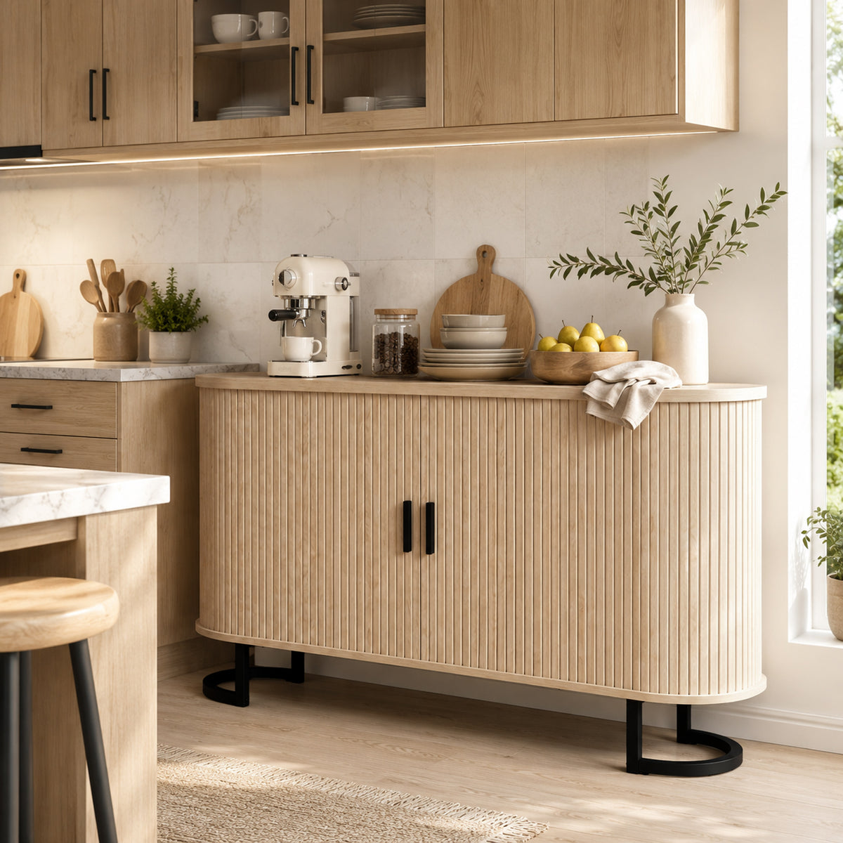 Buffet salon, meuble de rangement ovale avec 2 portes coulissantes et étagères réglables, 140x40x75cm, bois naturel-7