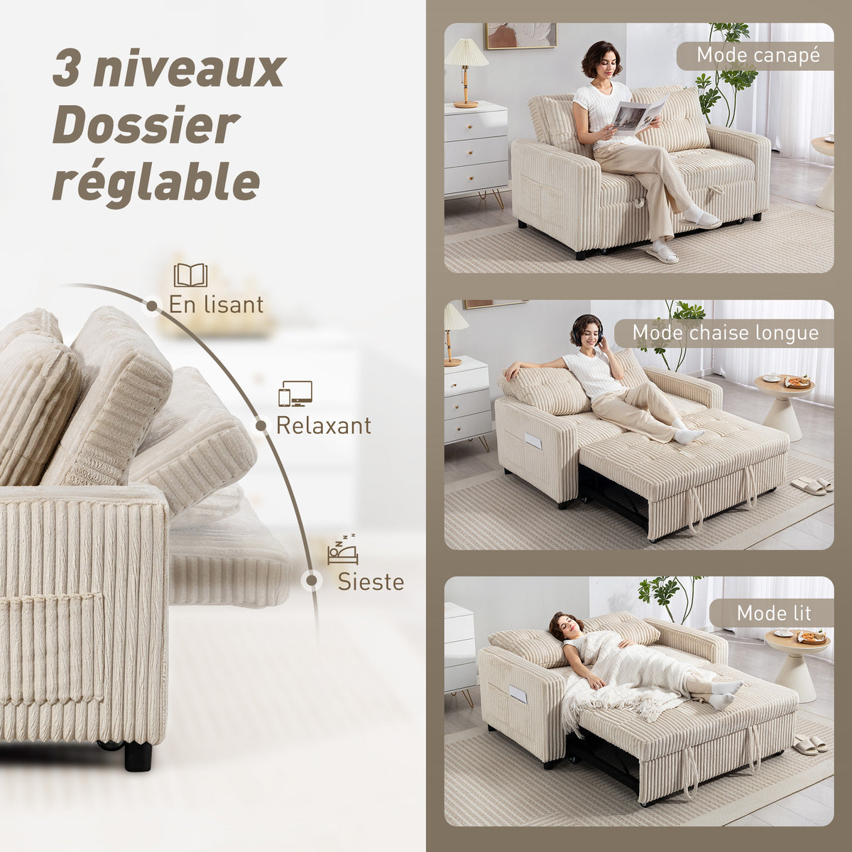 Canapé convertible 2 places canapé-lit en velours côtelé 157x190cm dossier réglable poches latérales et 2 coussins crème-4