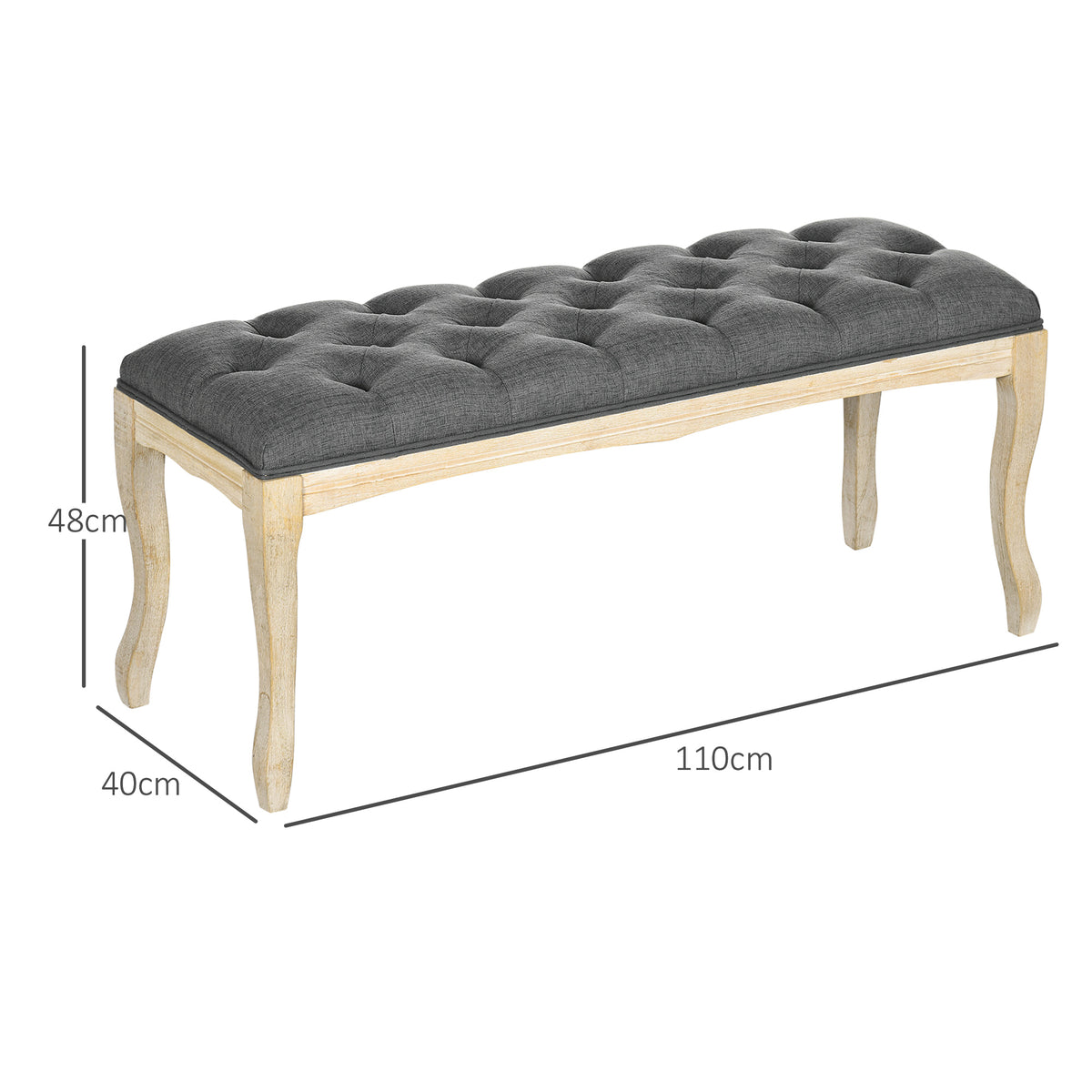 Banc Banquette capitonnée Style Classique 110 cm Bout de lit Rembourrée en lin piètement Bois hévéa sculpté Lin Gris-2