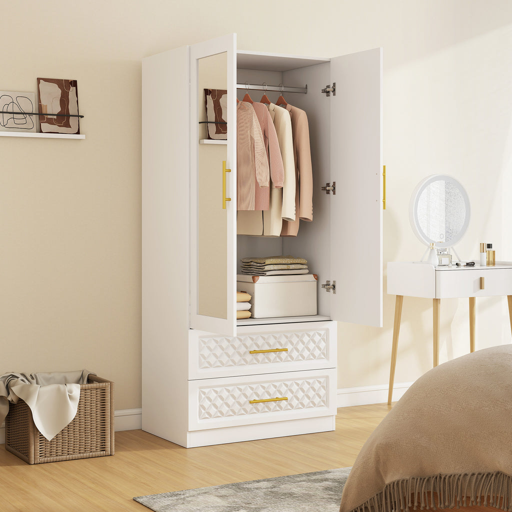 Armoire chambre penderie avec miroir, 2 tiroirs, 2 portes et barre de suspension, 80 x 50 x 180 cm, blanc-8