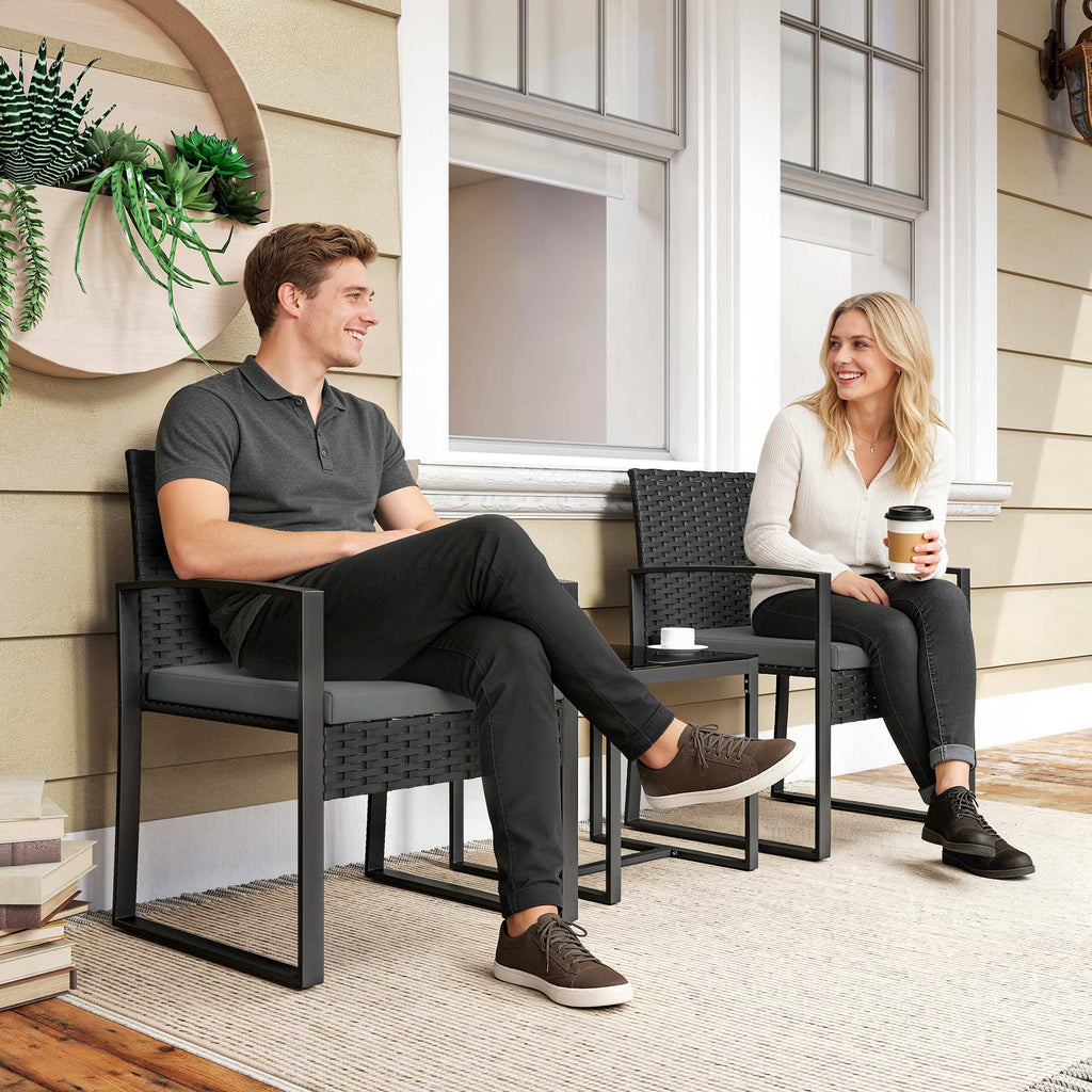 Salon de jardin extérieur en résine tressée 2 personnes, table de jardin avec 2 chaises, plateau en verre trempé, noir-9