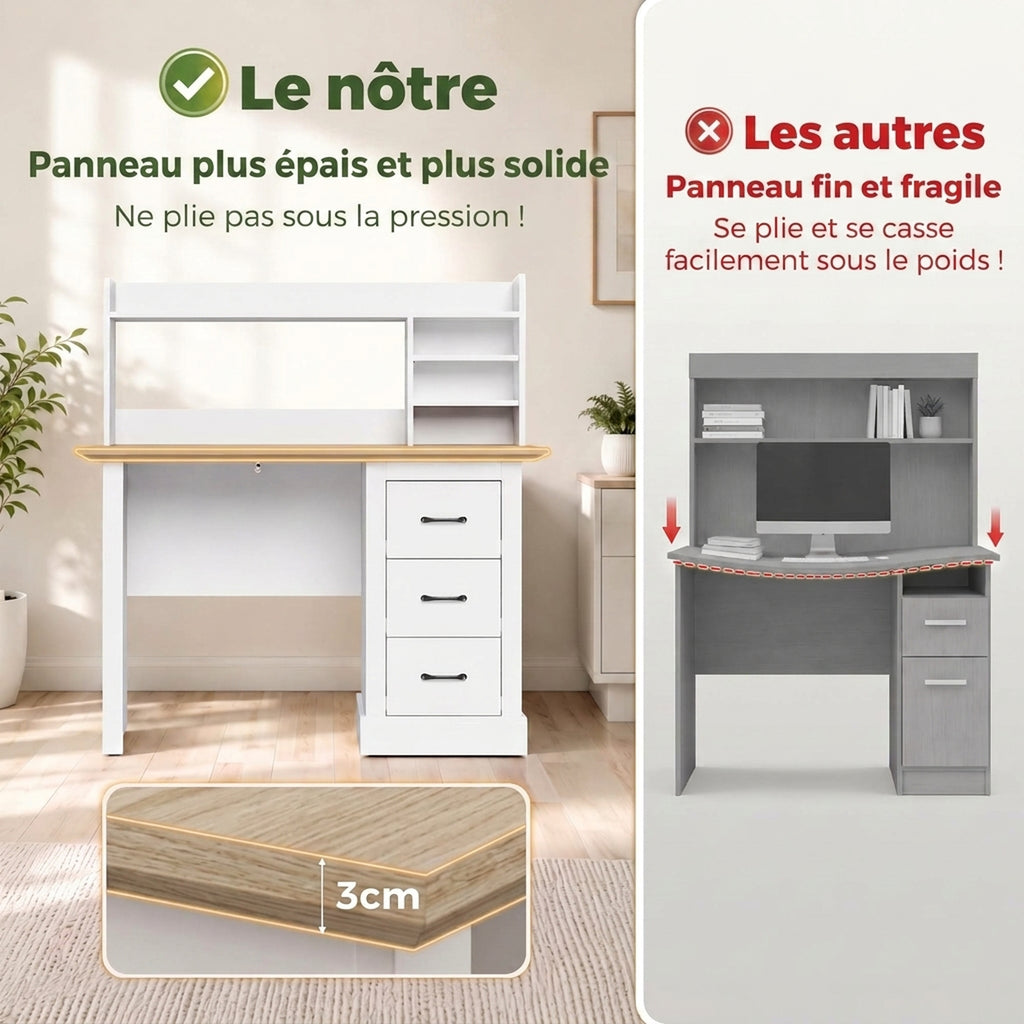 Bureau Informatique avec 3 Tiroirs, 120x55cm, Bureau avec Rangement, Étagères Ouvertes et Large Plateau, Chêne et Blanc-4