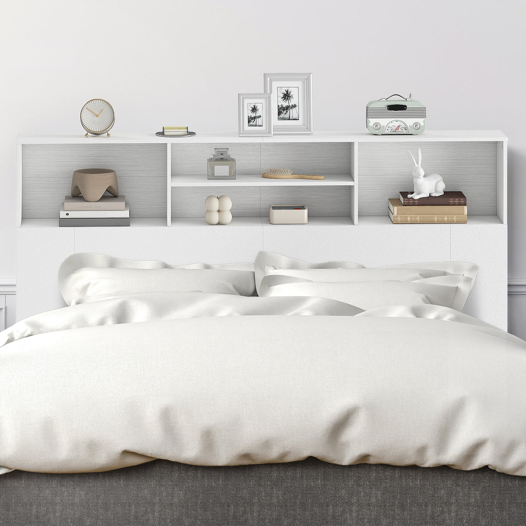 Tête de lit sur pied avec rangements, accessoire de lit 4 compartiments ouverts, 160 x 20,2 x 108,2 cm, blanc-5