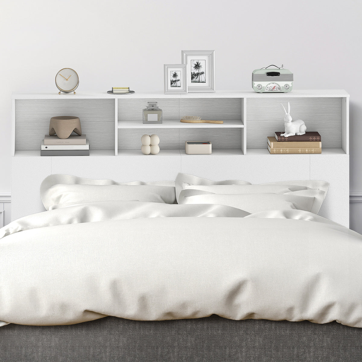 Tête de lit sur pied avec rangements, accessoire de lit 4 compartiments ouverts, 160 x 20,2 x 108,2 cm, blanc-5