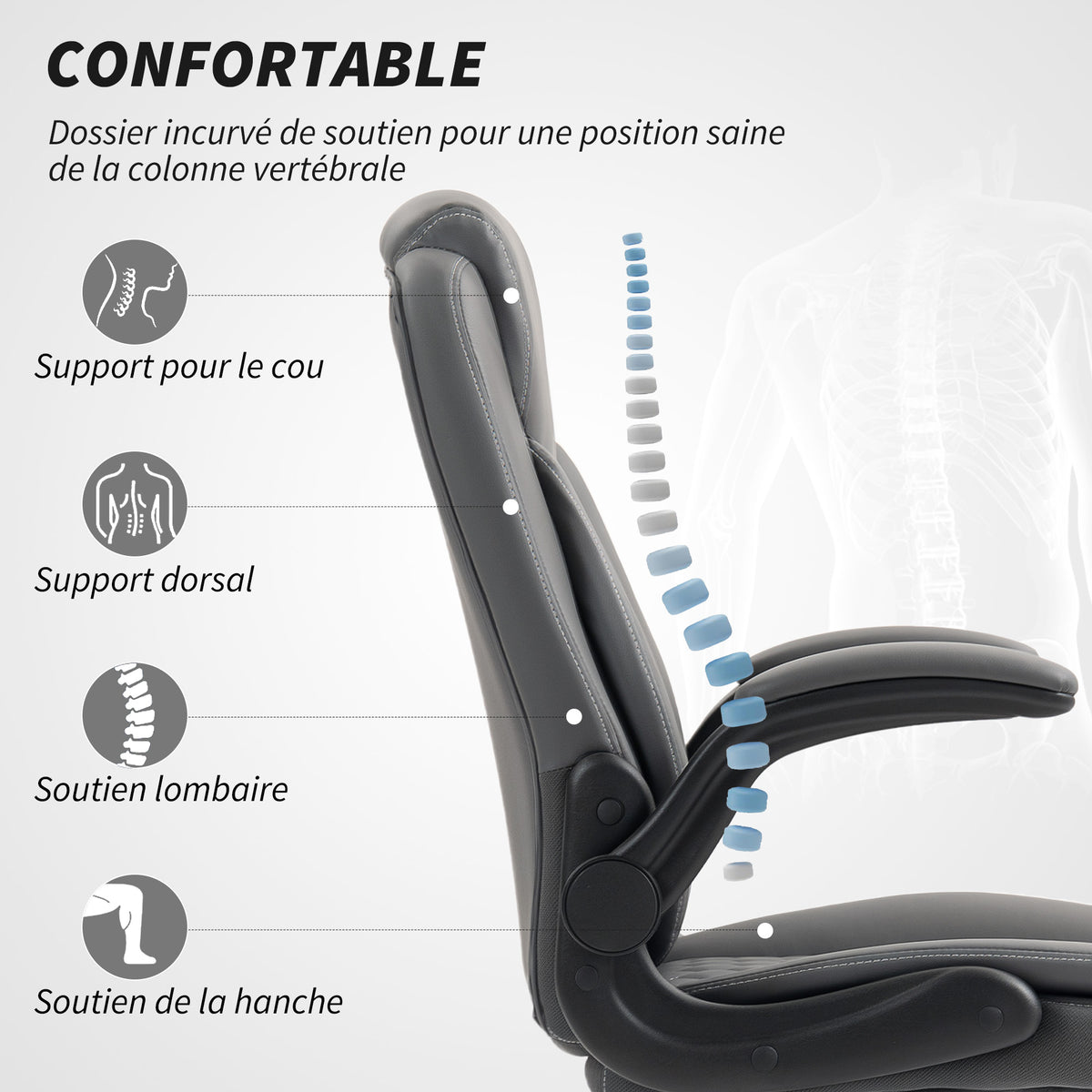 Fauteuil de bureau, chaise bureau ergonomique avec accoudoirs relevables, hauteur réglable, fonction de bascule, gris-3