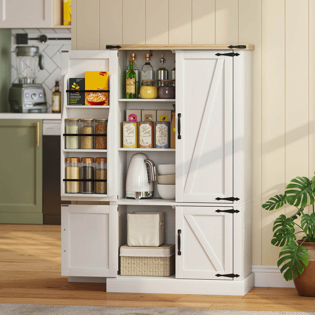 Buffet de cuisine, armoire de cuisine avec 4 portes, 6 porte-épices et étagères réglables, 76,3 x 40 x 136 cm, blanc-1