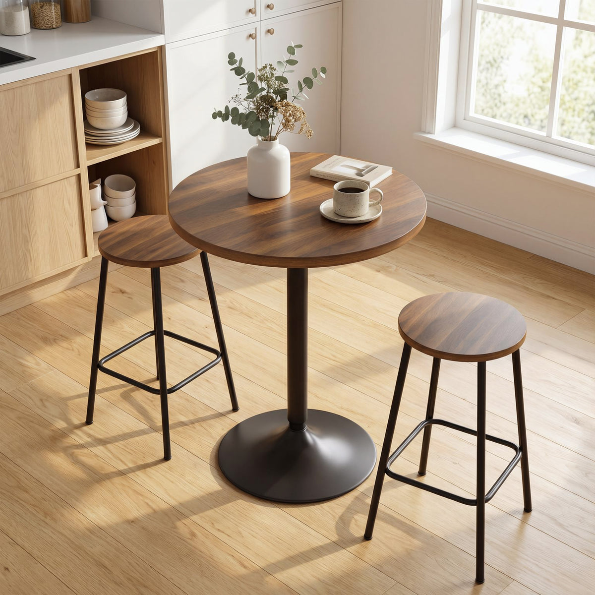 Table de bar ronde 60 cm, table haute cuisine mange-debout avec patins antidérapants, pour cuisine, salon, noyer-7
