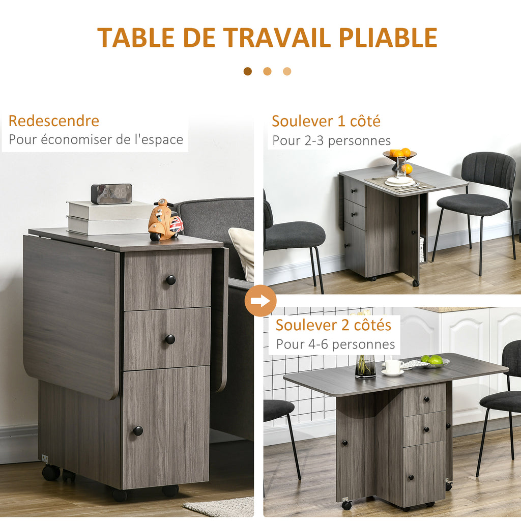 Table de cuisine pliable table à manger pliante 2 plateaux rabattables avec 2 tiroirs 1 placard gris-4