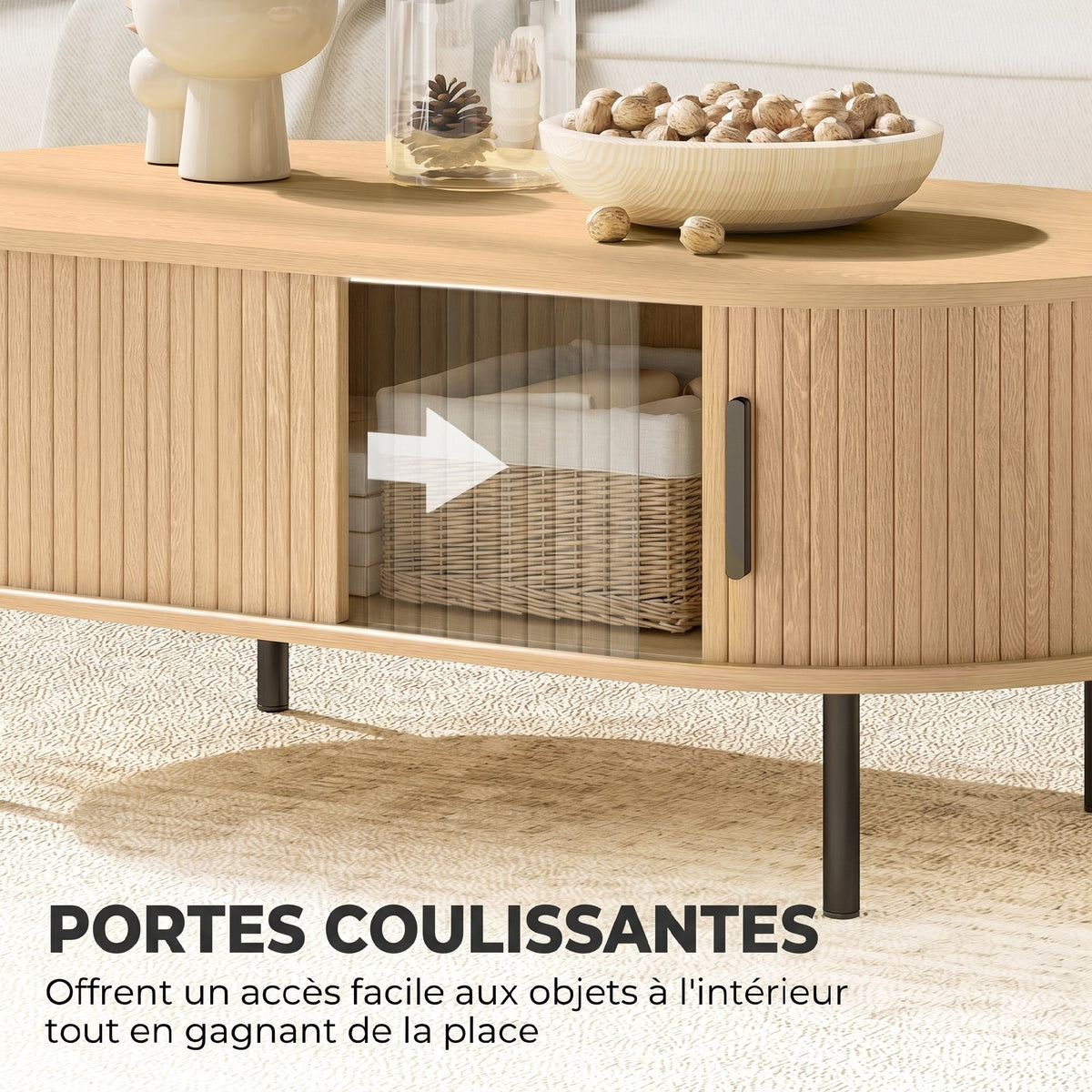 Table basse ovale en bois, table de salon moderne avec portes coulissantes et rangement caché, 100x55x40cm, bois naturel-4