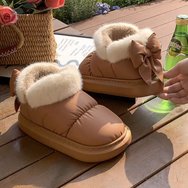Winter Women Cute Warm Ankle Boots Outdoor Non-slip Thick Sole Snow Boots Furry Bow Cotton Shoes Men Pu Waterproof Plush Boots-7