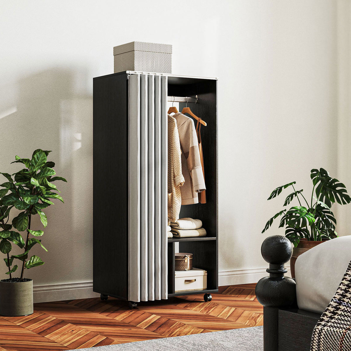 Armoire penderie Armoire de Rangement Mobile avec rideau, Panneaux de Particules, tringle de suspension, noir-9
