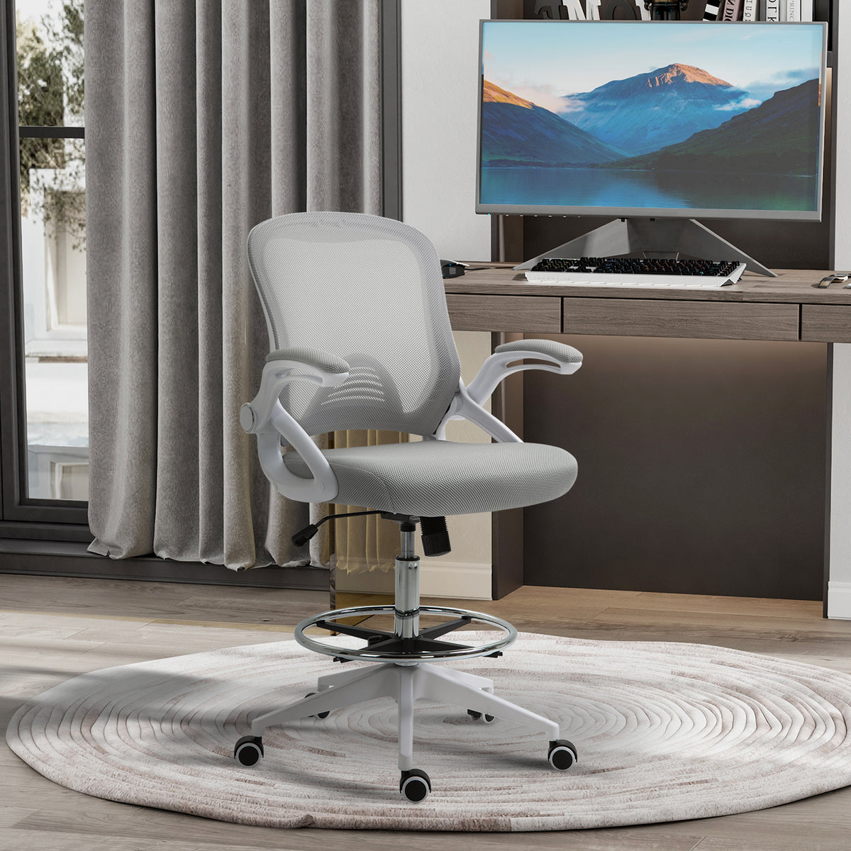 Fauteuil de bureau chaise de bureau assise debout hauteur réglable repose-pieds gris et blanc-1