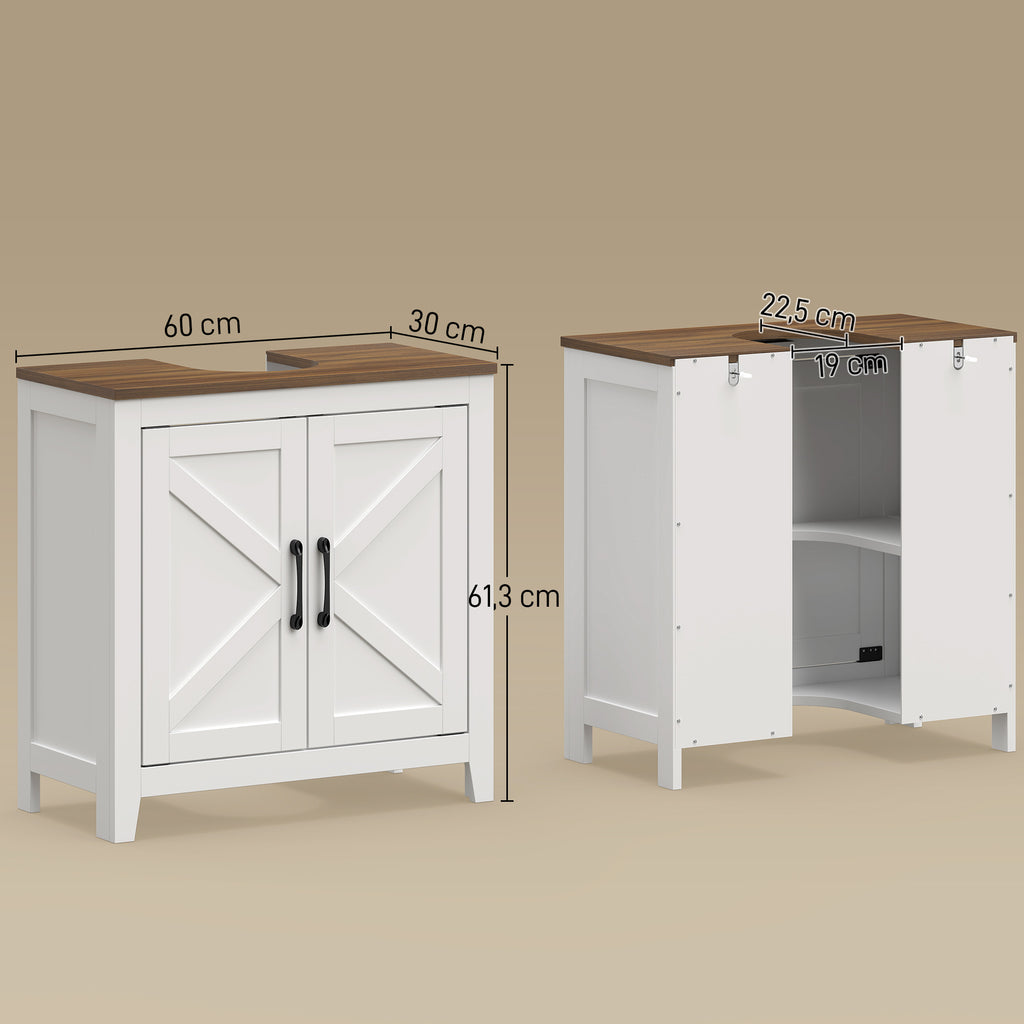 Meuble sous lavabo, meuble de salle de bain moderne avec 2 portes de grange et étagère réglable, blanc-2